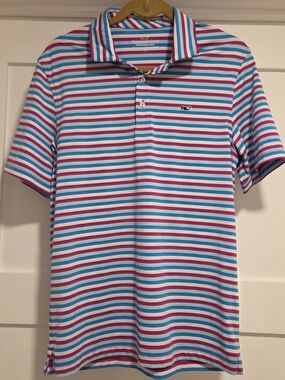Vineyard Vines Performance Striped Polo Shirt - Blue/Pink - Size  Small